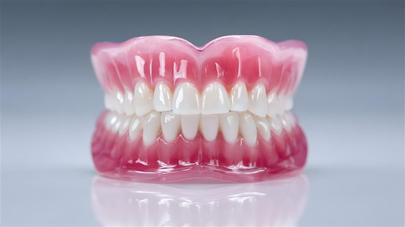 Pink and white full dentures on a reflective surface