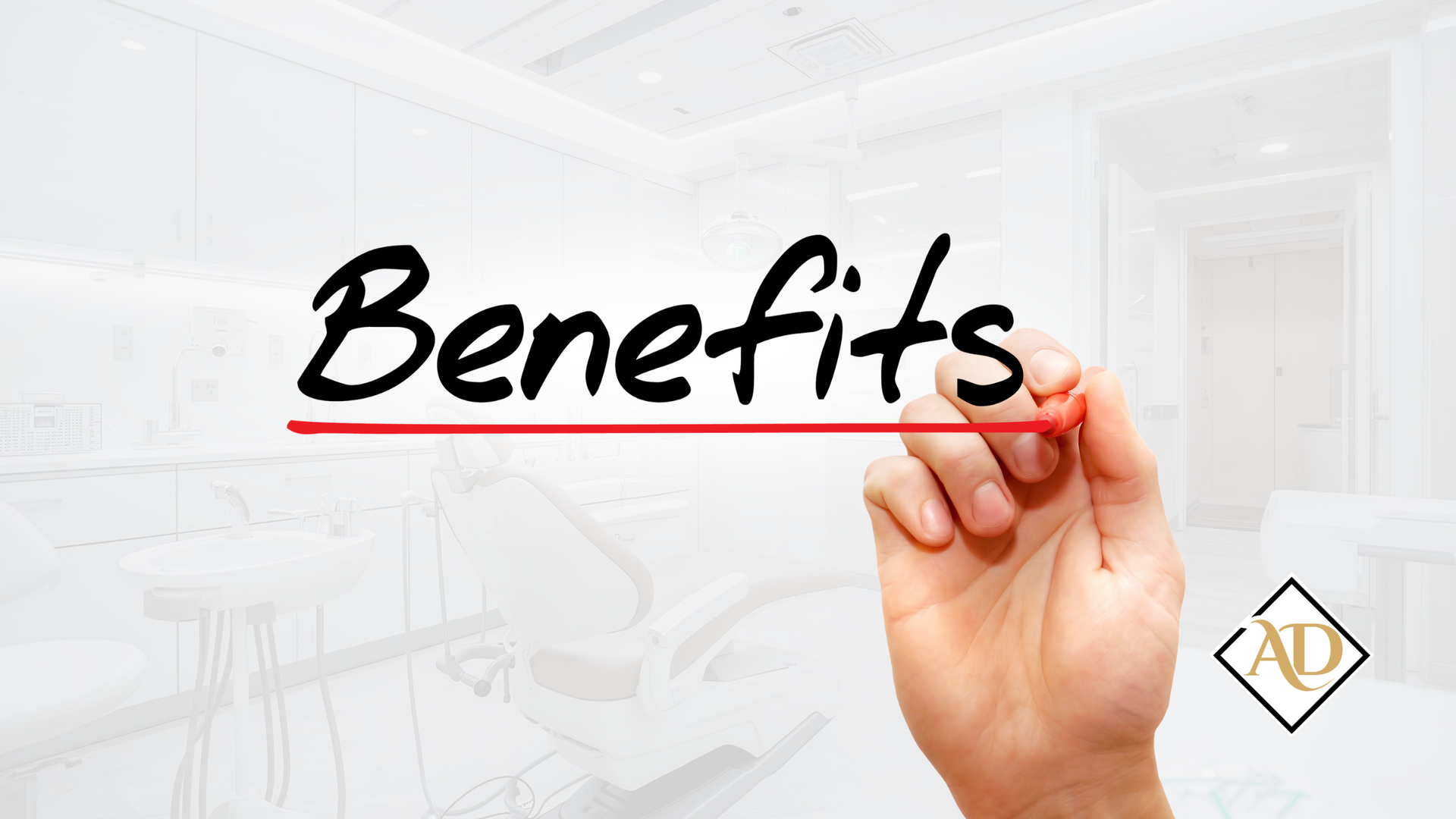 Hand writing “Benefits” in black script with a red underline on a bright office-style background