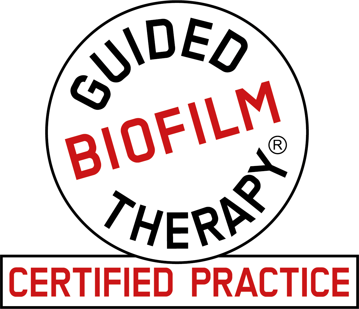 Guided Biofilm Therapy certified practice logo with red and black circular text and red banner