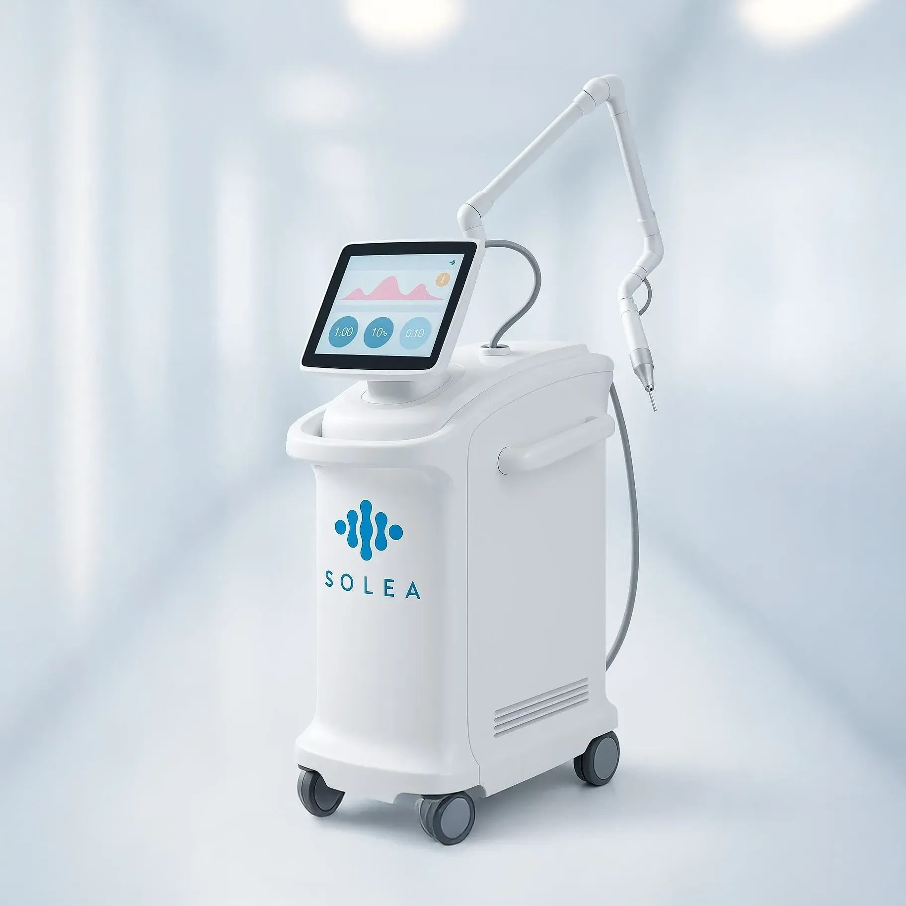 White medical aesthetic machine on wheels with a touchscreen and attached arm in a bright studio setting