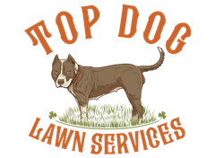 Top Dog Lawn Services logo with a brown dog standing on grass and orange text