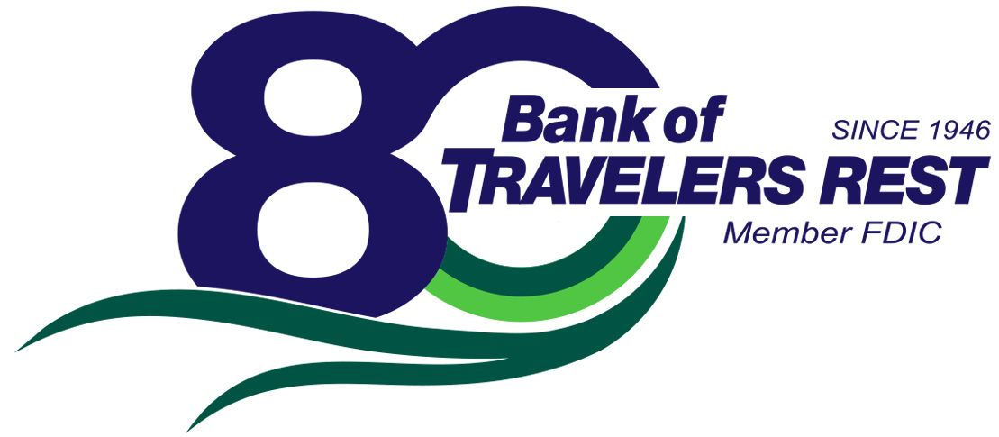 Bank of Travelers Rest logo with blue “8” and green swooshes on white background