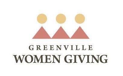 Greenville Women Giving logo with three gold circles above pink mountain shapes and gray text