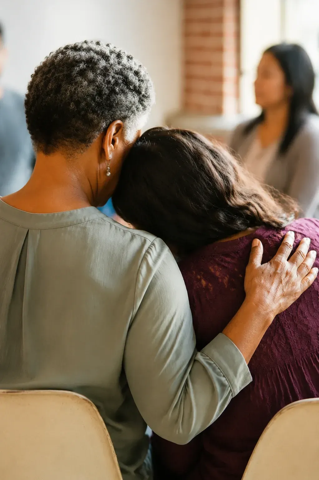 Two people sit close, one comforting the other with an arm around their shoulder during a counseling session.