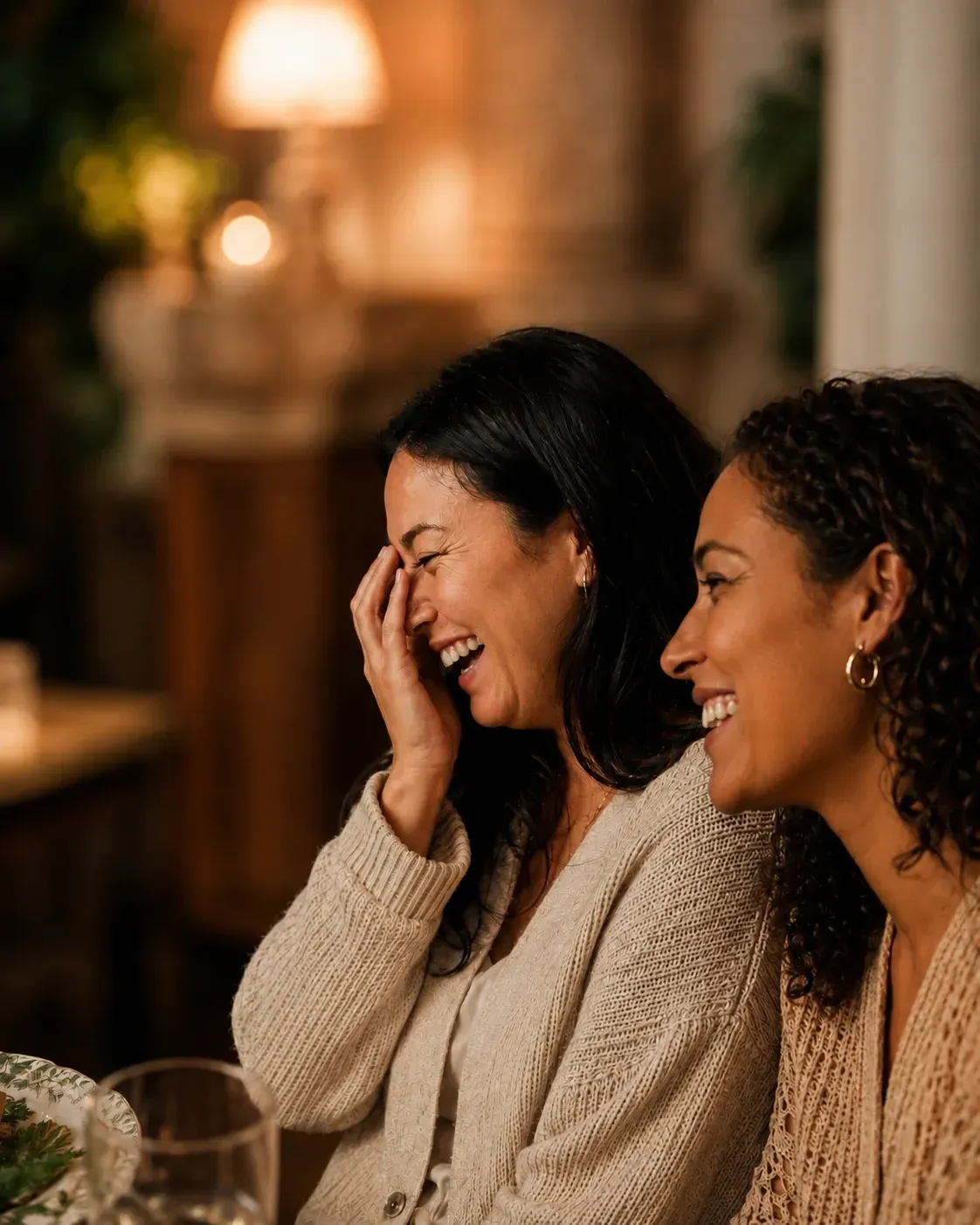 Two people laughing together at a cozy indoor gathering, one covering her face with her hand