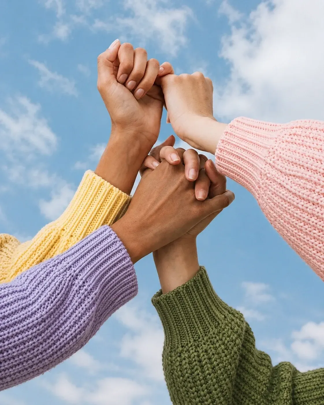 Four hands in colorful sweaters stacked together against a blue sky