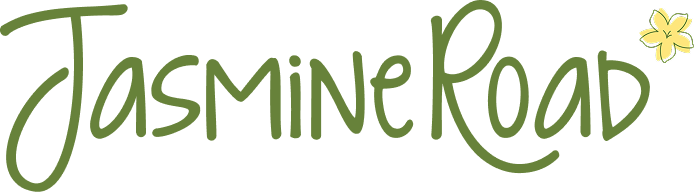 Jasmine Kitchen logo in green and gold text with a small flower icon on a white background
