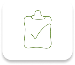 Open book icon with a fork on the left page and a spoon on the right in olive green outline