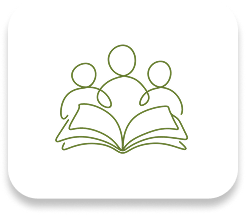 Open book icon with a fork on the left page and a spoon on the right in olive green outline