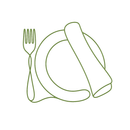 Open book icon with a fork on the left page and a spoon on the right in olive green outline