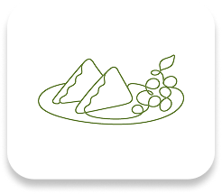 Open book icon with a fork on the left page and a spoon on the right in olive green outline