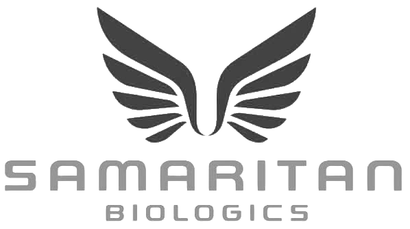 Samaritan Biologics logo with orange wing icon and blue company name