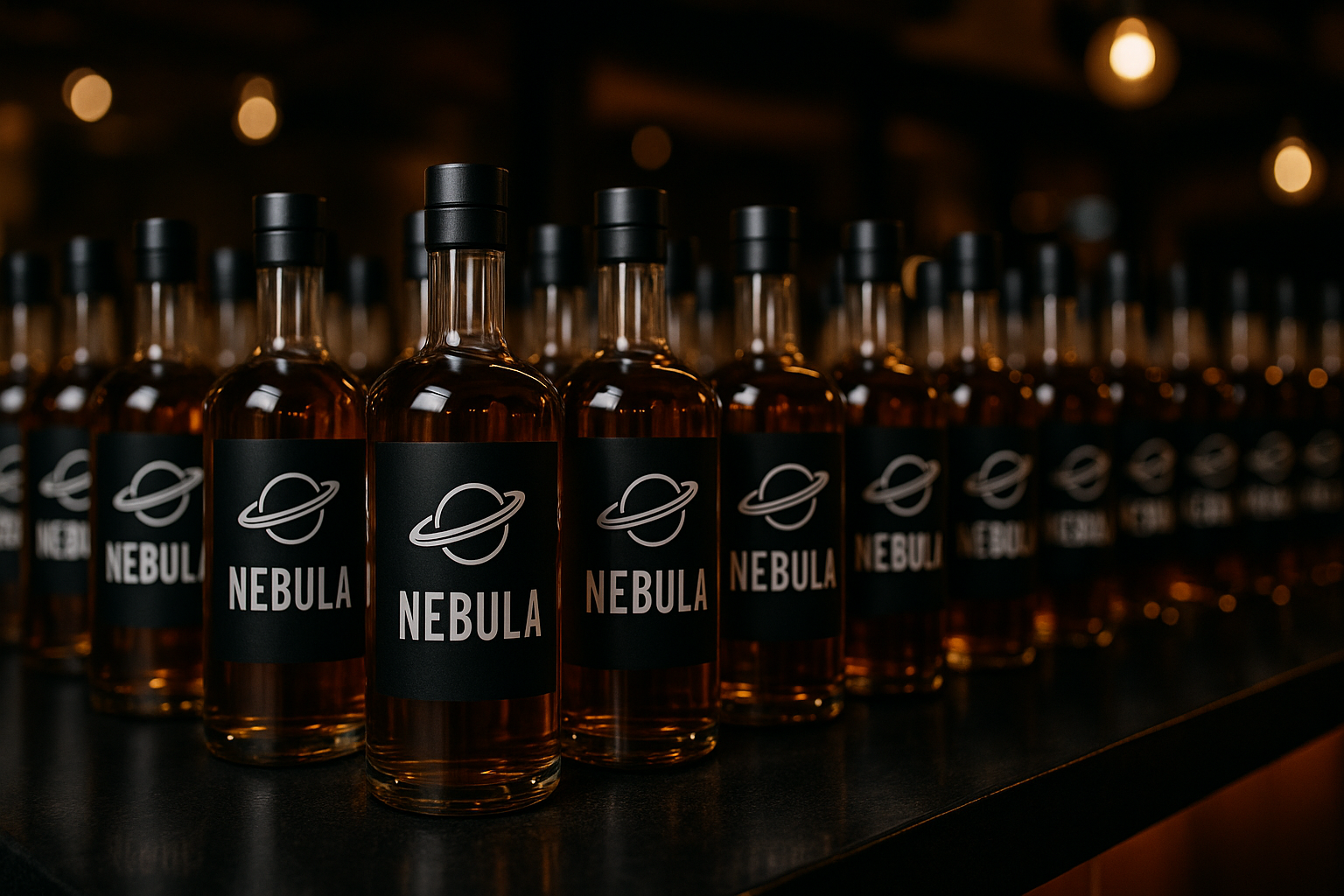 Bottiglie di liquore "Nebula" su un bancone, etichette nere con il disegno di un pianeta.