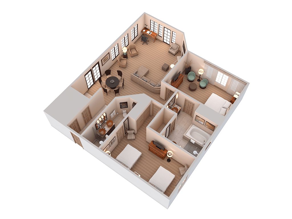 Virtual tour of a modern apartment interior showcasing spacious living room, kitchen, and bedroom.