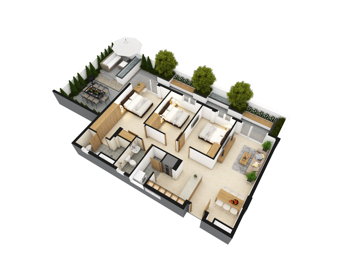 Virtual tour of a modern apartment interior showcasing spacious living room, kitchen, and bedroom.