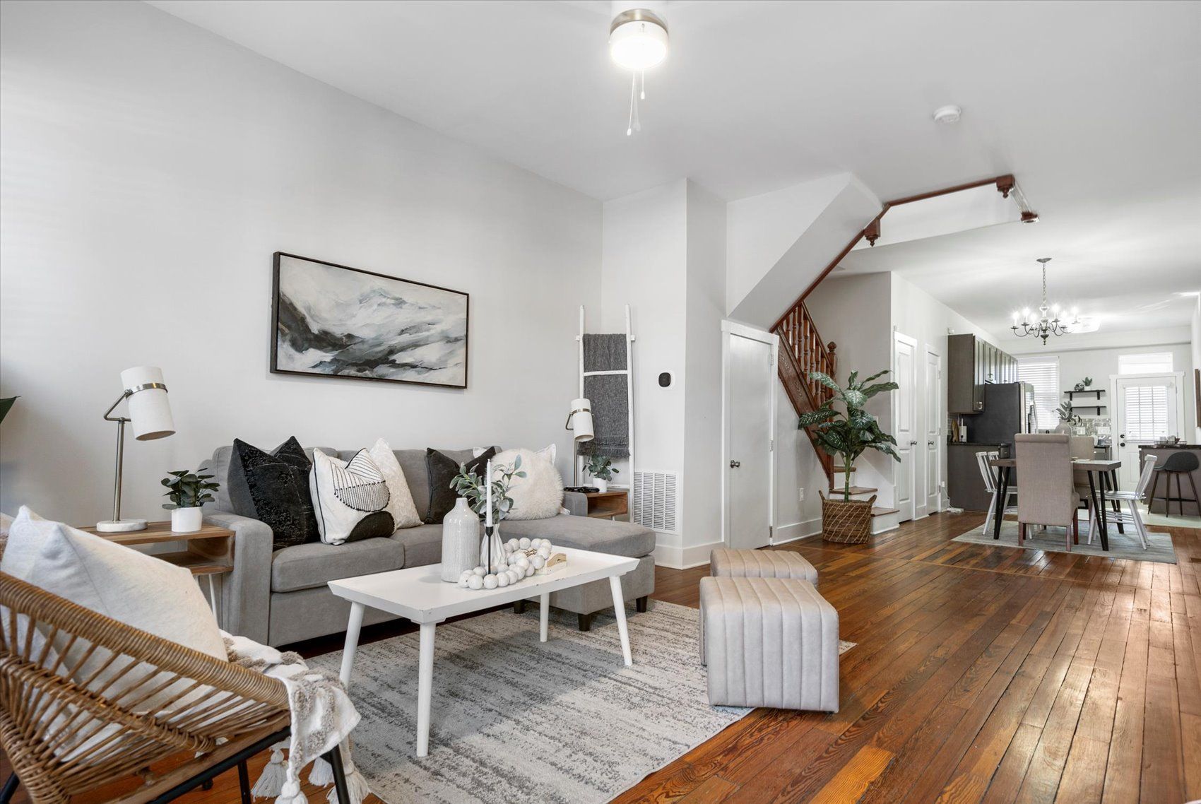 A living room with a couch and a coffee table
