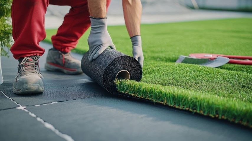 Person rolling out artificial turf on a patio, with tool in the background.