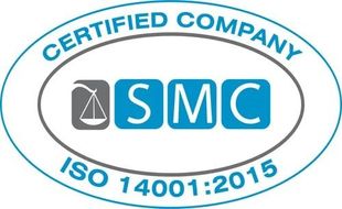 Certified company logo for SMC, with ISO 14001:2015 text in blue and gray oval emblem