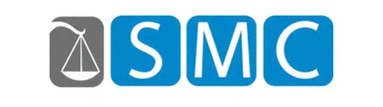 SMC logo with white scales icon on gray and blue square letters on a light background