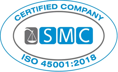 Certified company logo with blue SMC and ISO 45001:2018 text inside an oval emblem