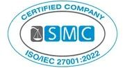 Certified company SMC logo with ISO/IEC 27001:2022 badge in teal and blue.