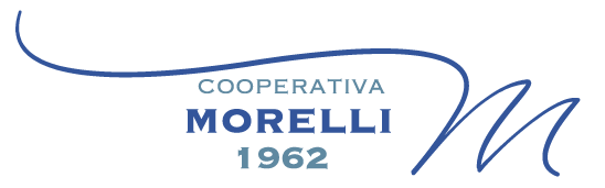 Logo blu “Cooperativa Morelli 1962” con una linea stilizzata e la lettera M