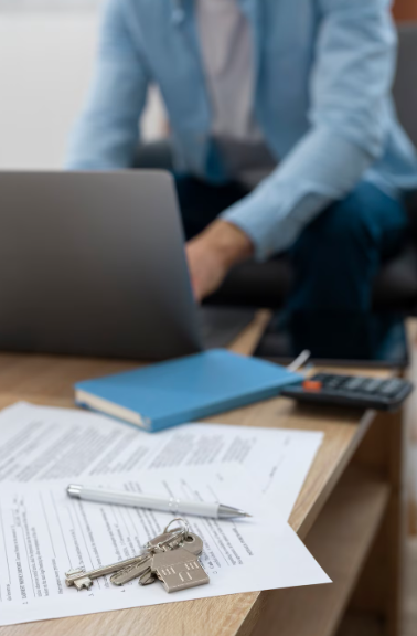 Llaves y documentos sobre un escritorio con una computadora portátil y una calculadora, una persona con camisa azul al fondo.