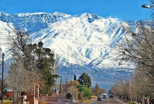 Cordillera nevada detrás de una calle suburbana con árboles y coches bajo un cielo azul despejado.
