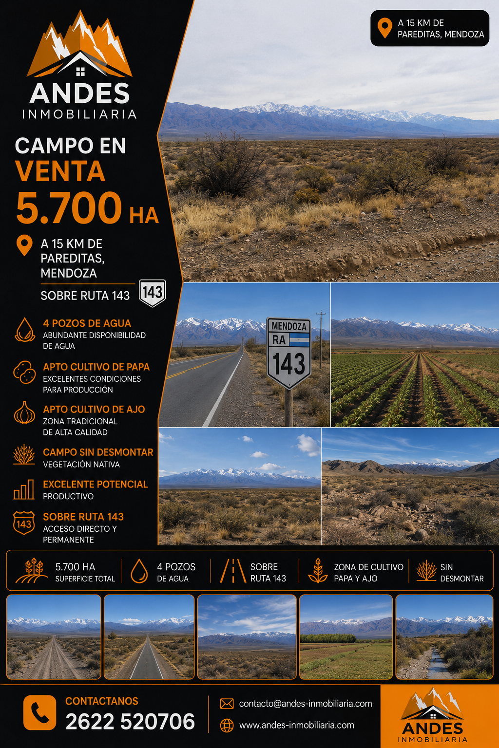 Anuncio inmobiliario en la Patagonia andina: parcela de 5700 hectáreas en venta con fotos de carreteras y paisajes.