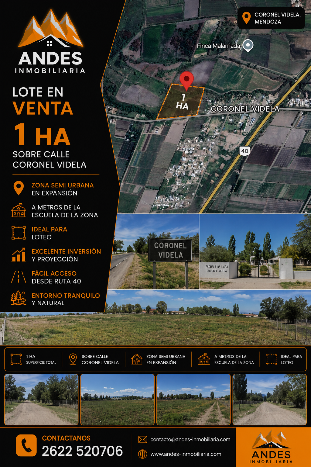 Anuncio inmobiliario de un terreno de 1 hectárea en los Andes, con mapa aéreo, fotos del terreno e información de contacto.