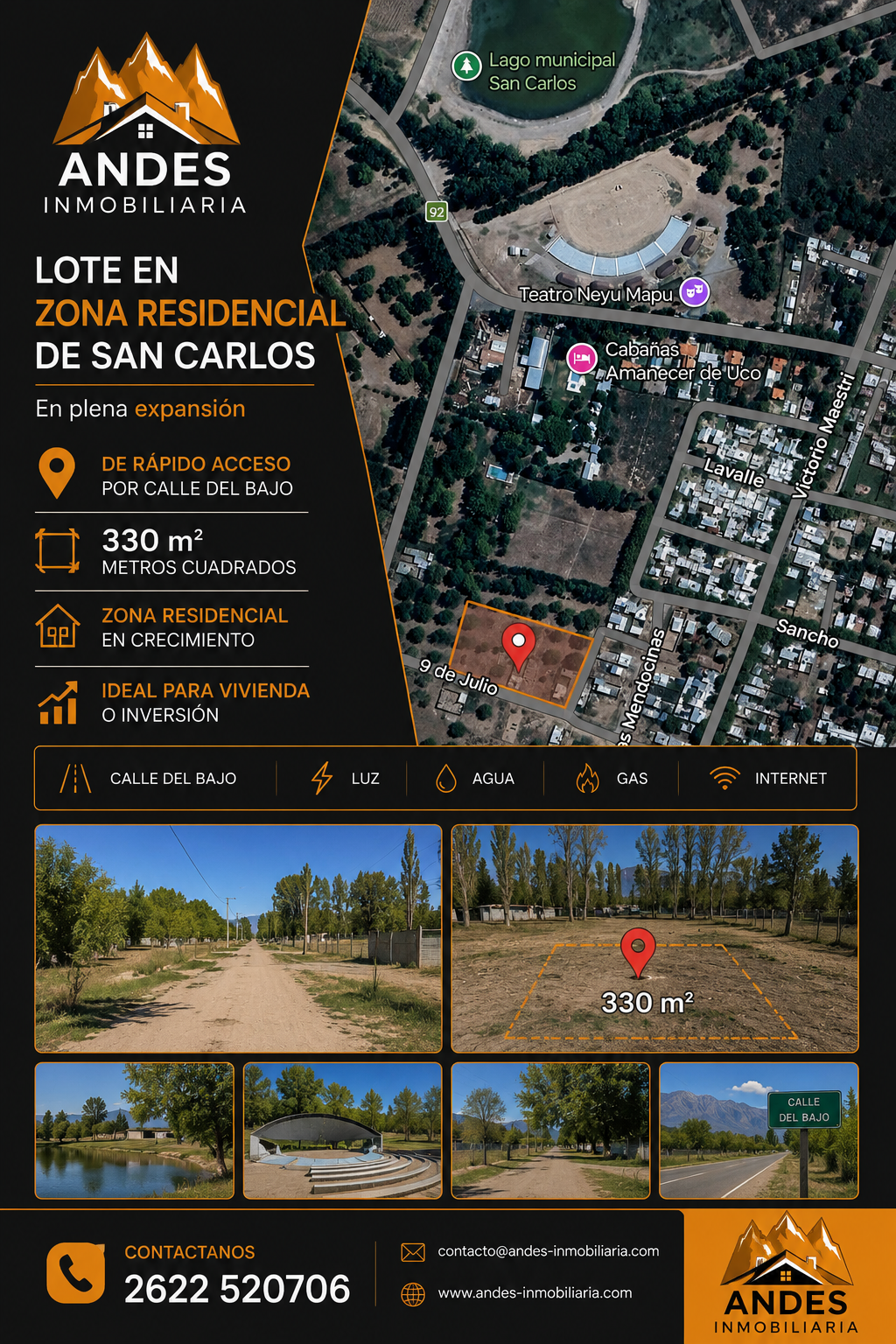 Anuncio inmobiliario de Ances Andes para un lote residencial en San Carlos, con mapa, vista aérea y fotos de la propiedad.