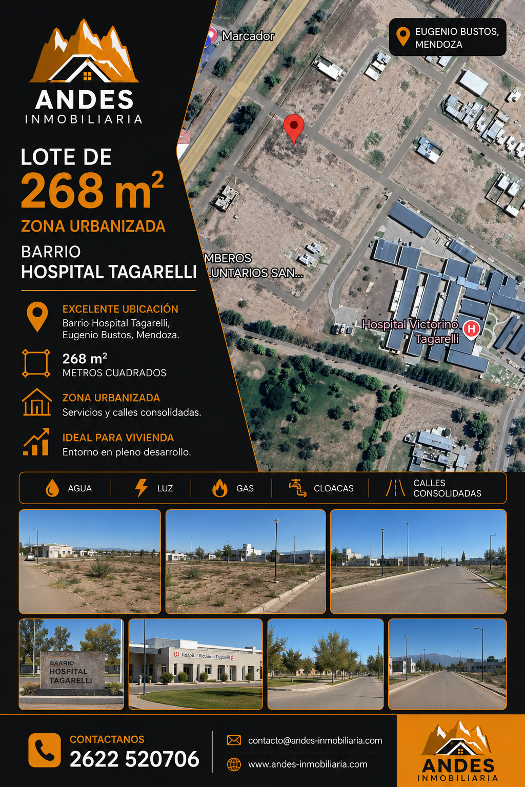 Anuncio de venta de terreno en Andes: lote de 268 m² en Hospital, Tagarelli, con mapa aéreo y fotos del sitio.