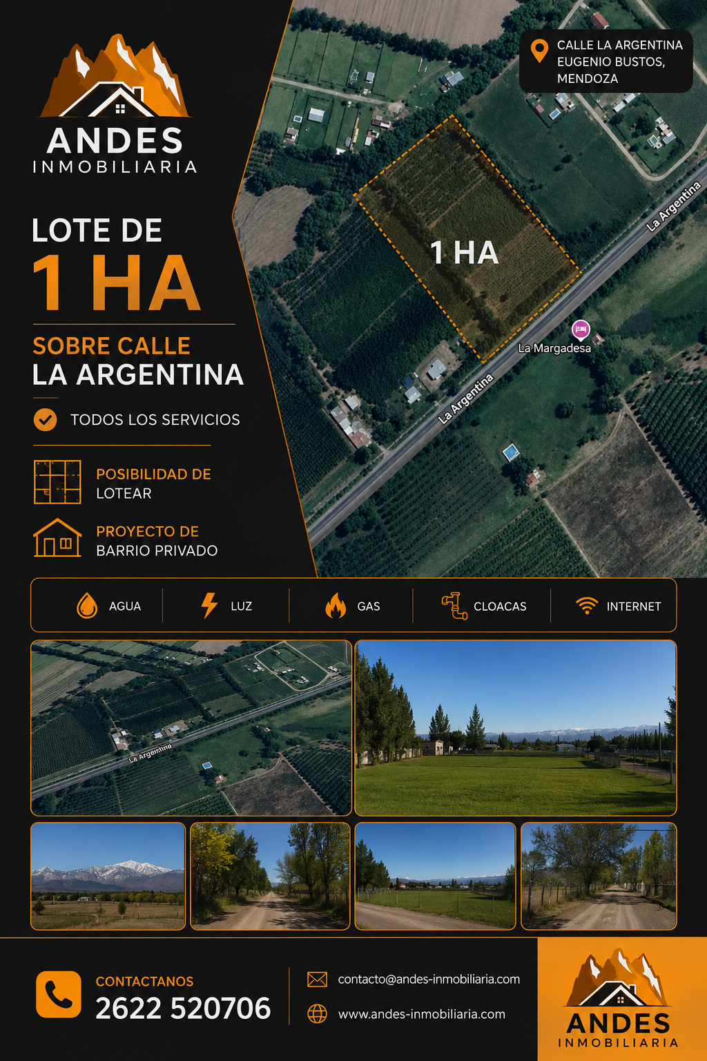 Folleto de Andes Inversiones para lotes de 1 hectárea en Villa La Argentina, con fotos aéreas del terreno y detalles de contacto.