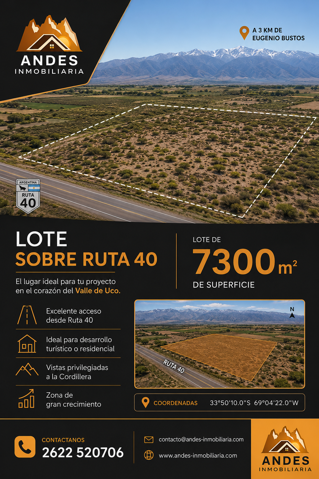 Valla publicitaria en los Andes que anuncia lotes de 7300 m² en la Ruta 40 con vista aérea de las montañas del desierto.