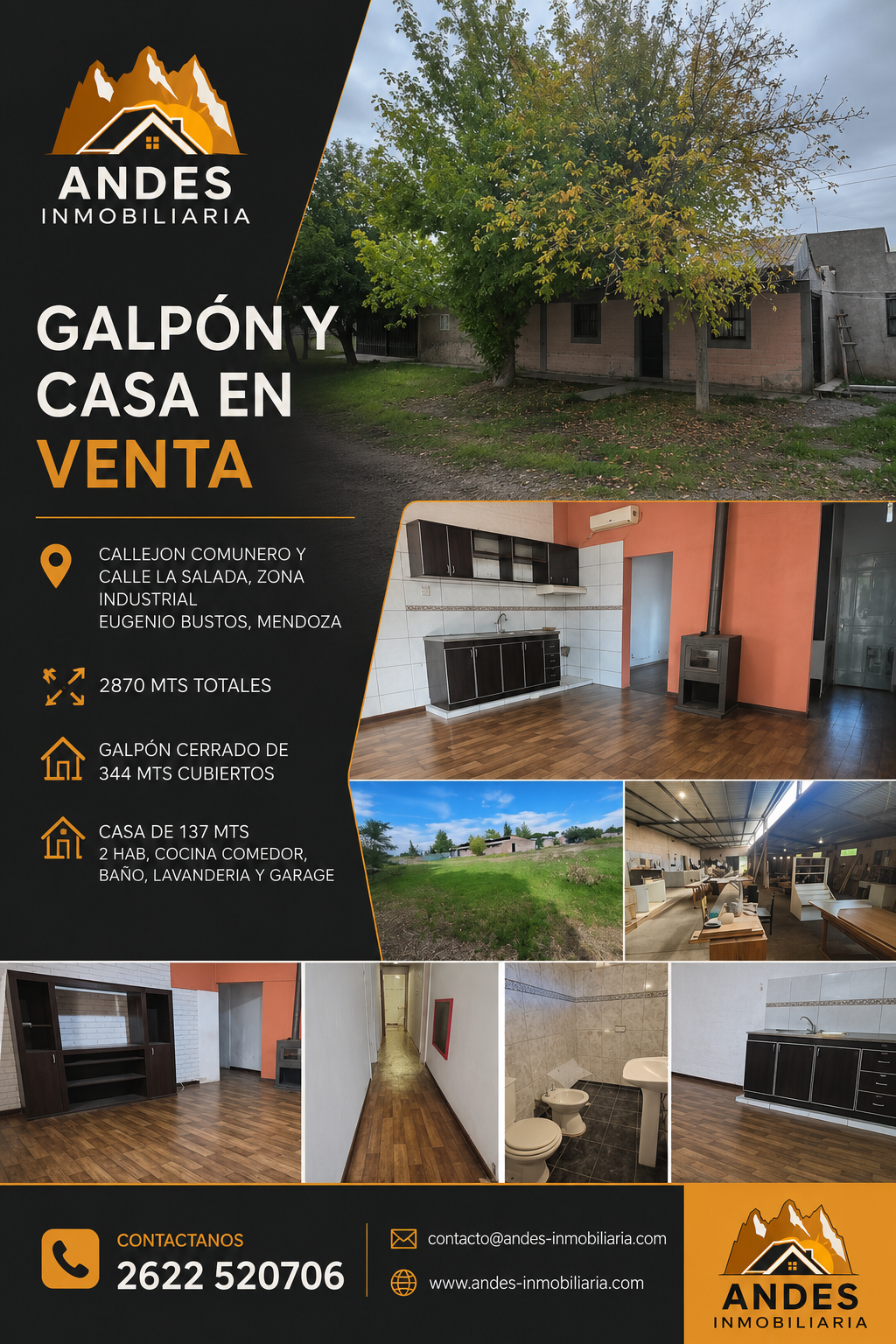 Casa en venta con fachada de ladrillo, árbol al frente y collage de interiores y vistas exteriores.