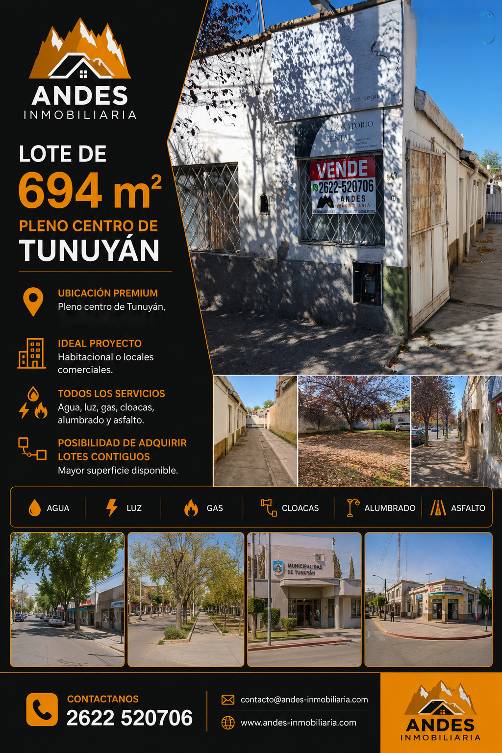 Anuncio inmobiliario de lotes en Andes: parcelas de 694 m² en Tuniñán, con fotos de la propiedad y detalles de contacto.