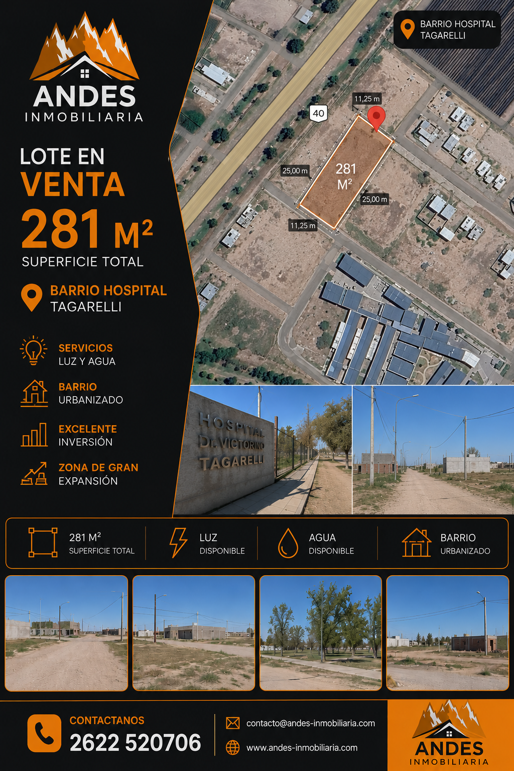 Lote en venta de 281 m² con mapa aéreo, fotos del terreno y contacto inmobiliario Andes.
