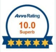 AvvoRating badge: 10.0 Superb with blue ribbon and five gold stars
