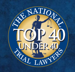 Blue circular “National Top 40 Under 40 Trial Lawyers” award logo with Lady Justice and gold text