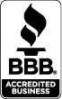 The bbb logo is black and white and says accredited business.