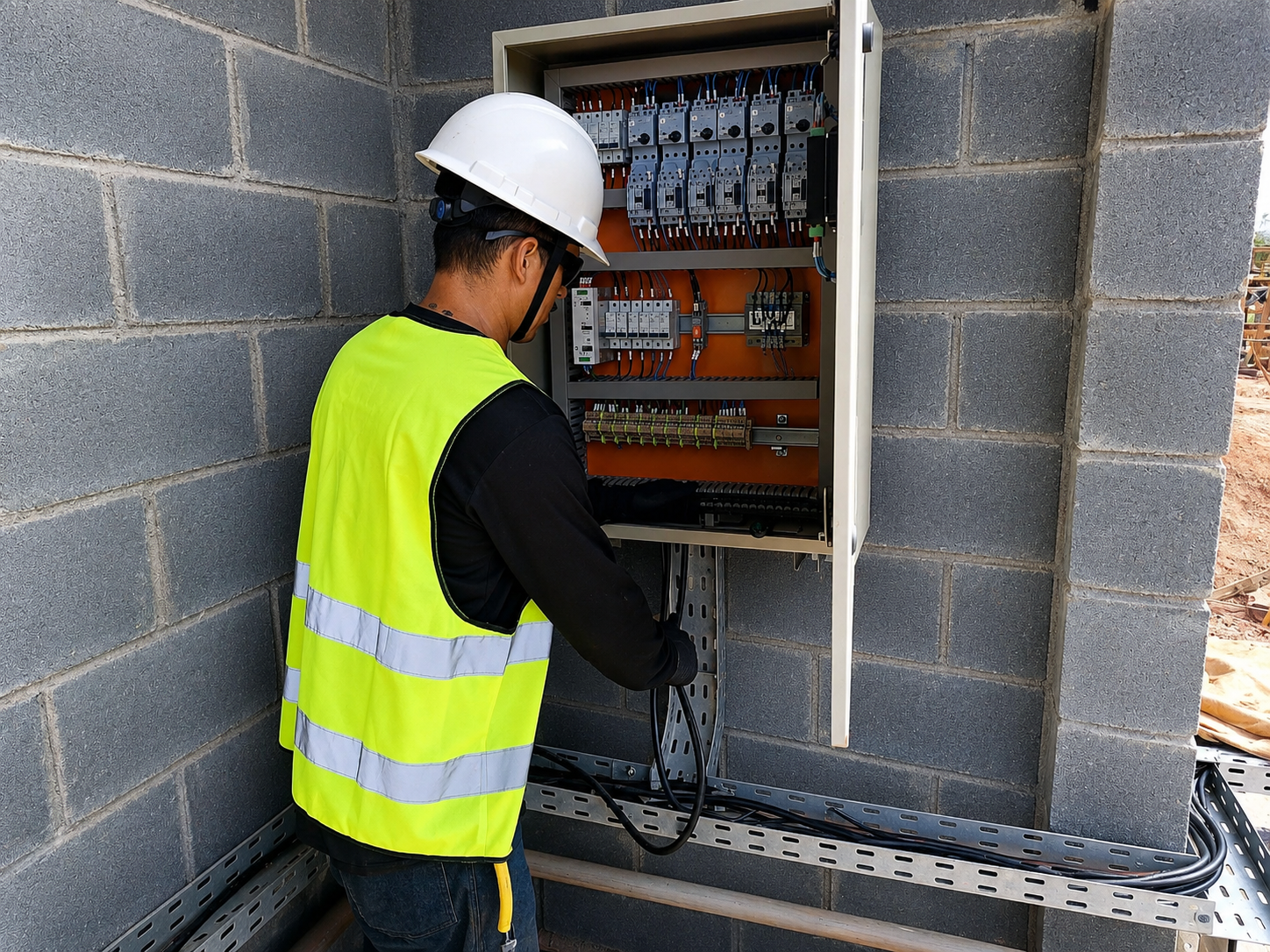Um técnico usando capacete inspeciona componentes de um painel elétrico ao ar livre. 