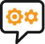 A speech bubble with two gears inside of it.