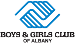Logo for Boys & Girls Club of Albany with blue intertwined hands above black text.