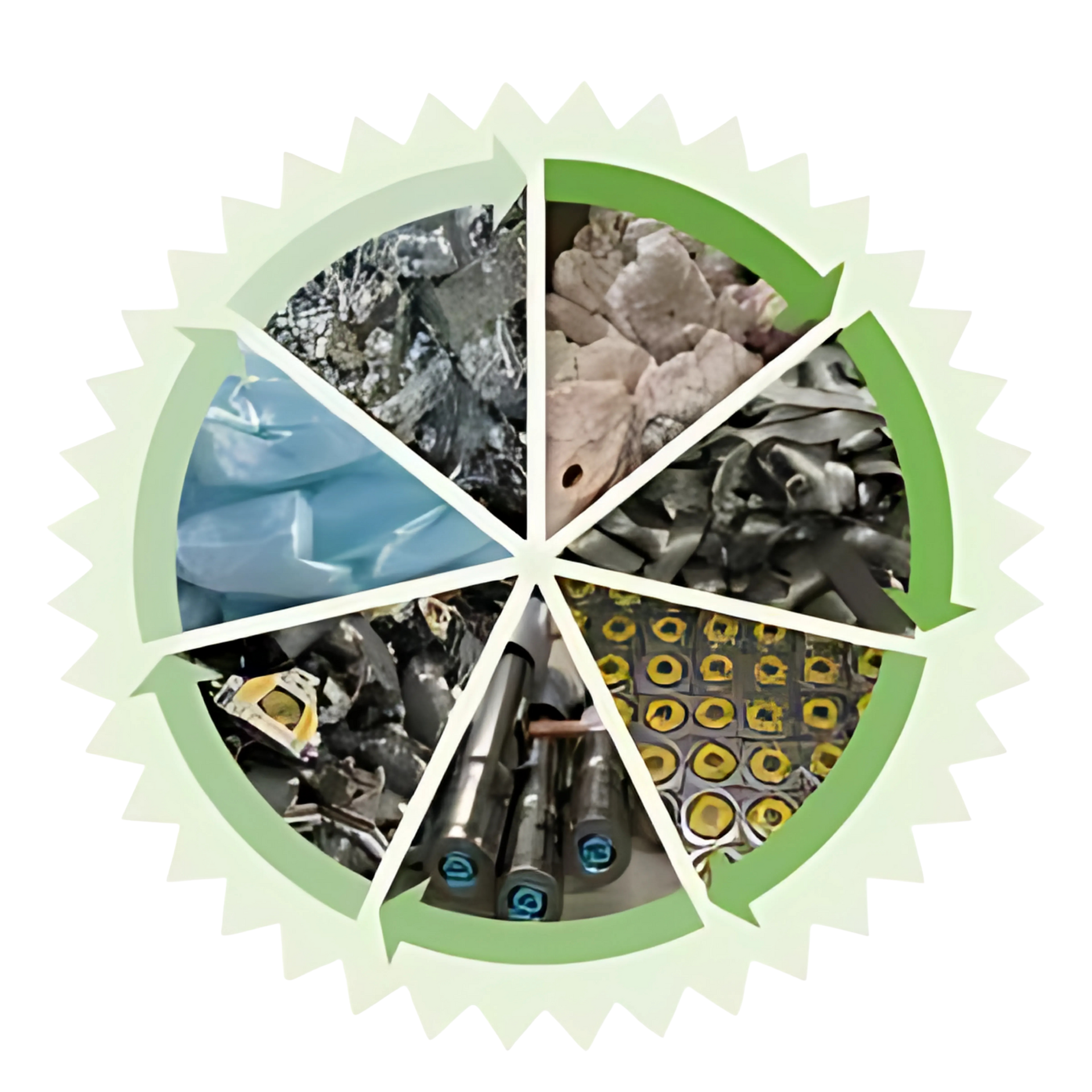 Ciclo de reciclaje de baterías: pasos desde las baterías usadas hasta los materiales reciclados, representados en un diagrama circular.