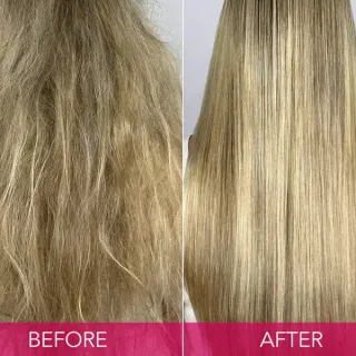 A before and after picture of a woman 's hair.