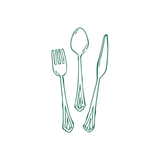 Green line drawing of a fork, spoon, and knife on a white background