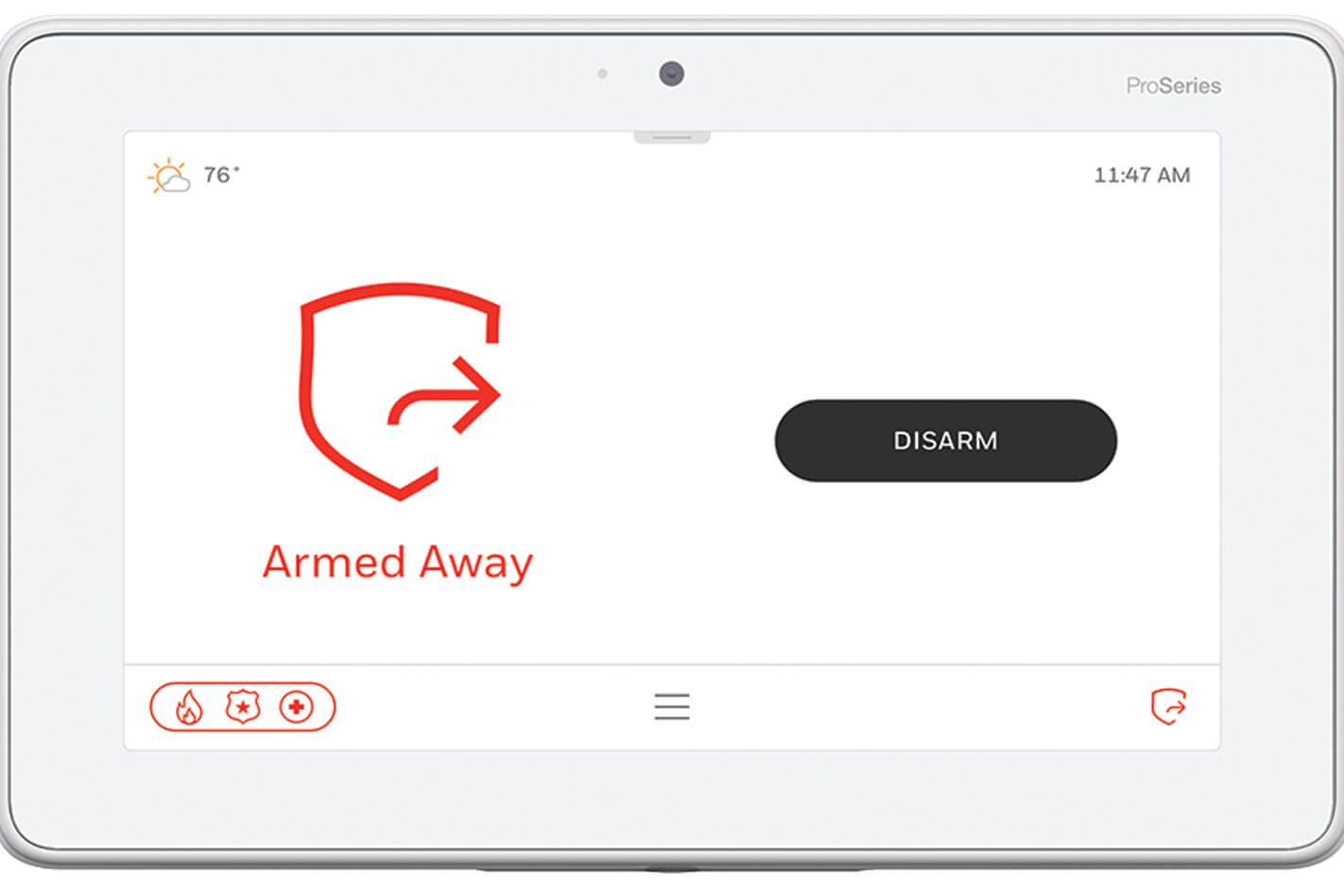 Alarm control panel showing red “Armed Away” status and a disarm button on a white touchscreen.