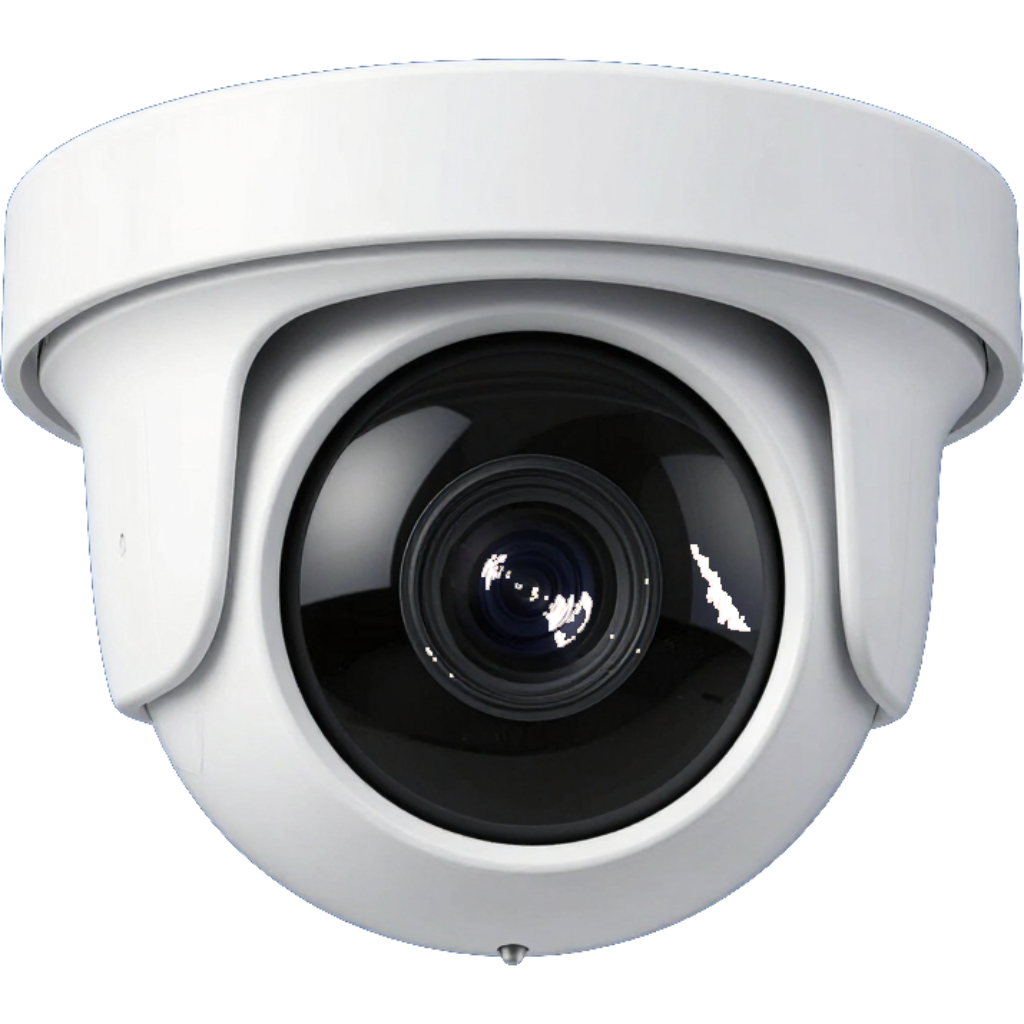 White dome security camera with black lens, front view