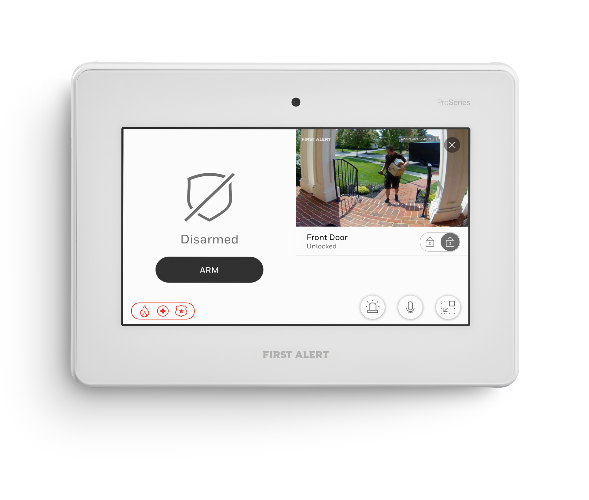 White Nest doorbell monitor showing a live outdoor camera feed and alert controls