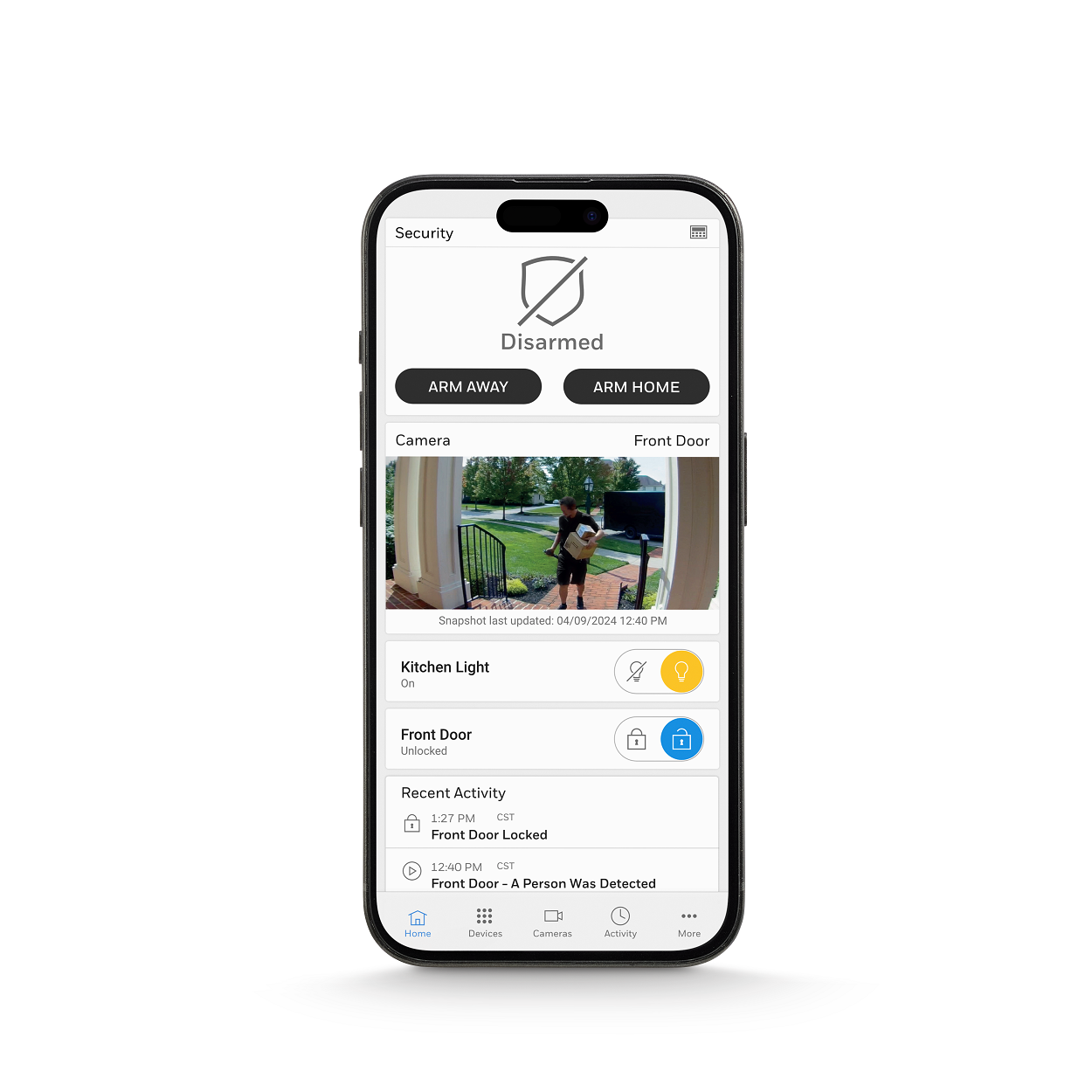 Smartphone showing a white app screen with a plant logo, banner image, list items, and bottom navigation icons
